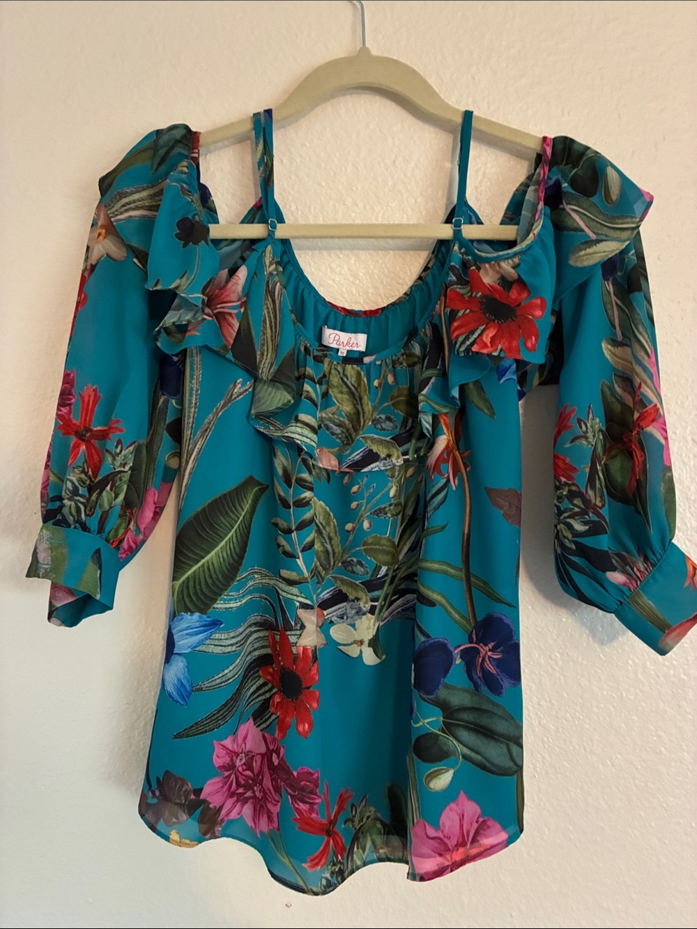 Parker Teal Floral Cold-Shoulder Ruffle Camisole